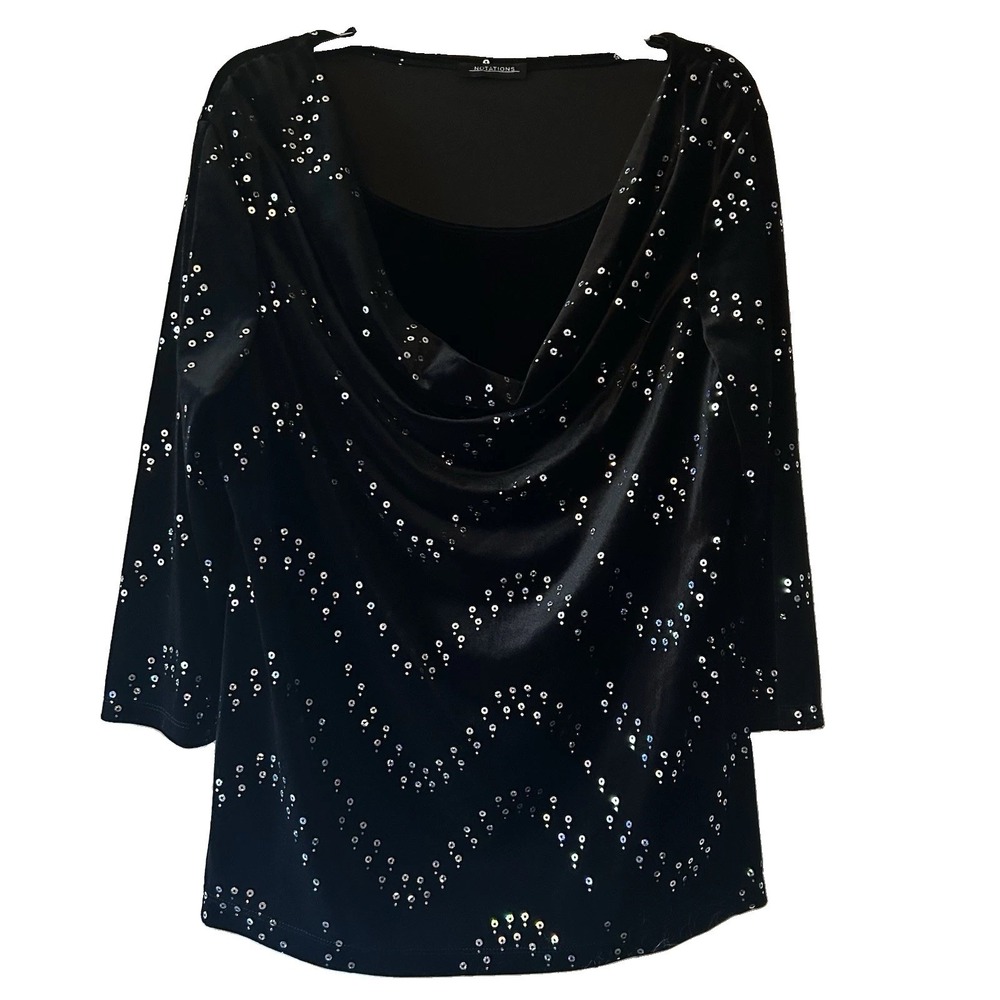 Notations Black Velour Pullover Cowl Neck Silver Sequins Chevron Approx Size L